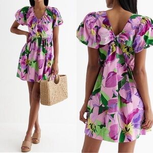 🆕 Express Floral V-neck Puff Sleeve Poplin Mini Dress Back Bow Detail